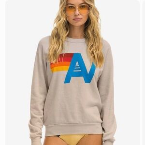 Aviator Nation Beige Crewneck with Blue and Red Stripes Small Sand Sm Logo